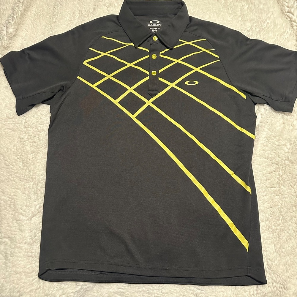 Oakley Men's Golf Polo Shirt Size M Black Neon Yellow Graphic Geometric Regular